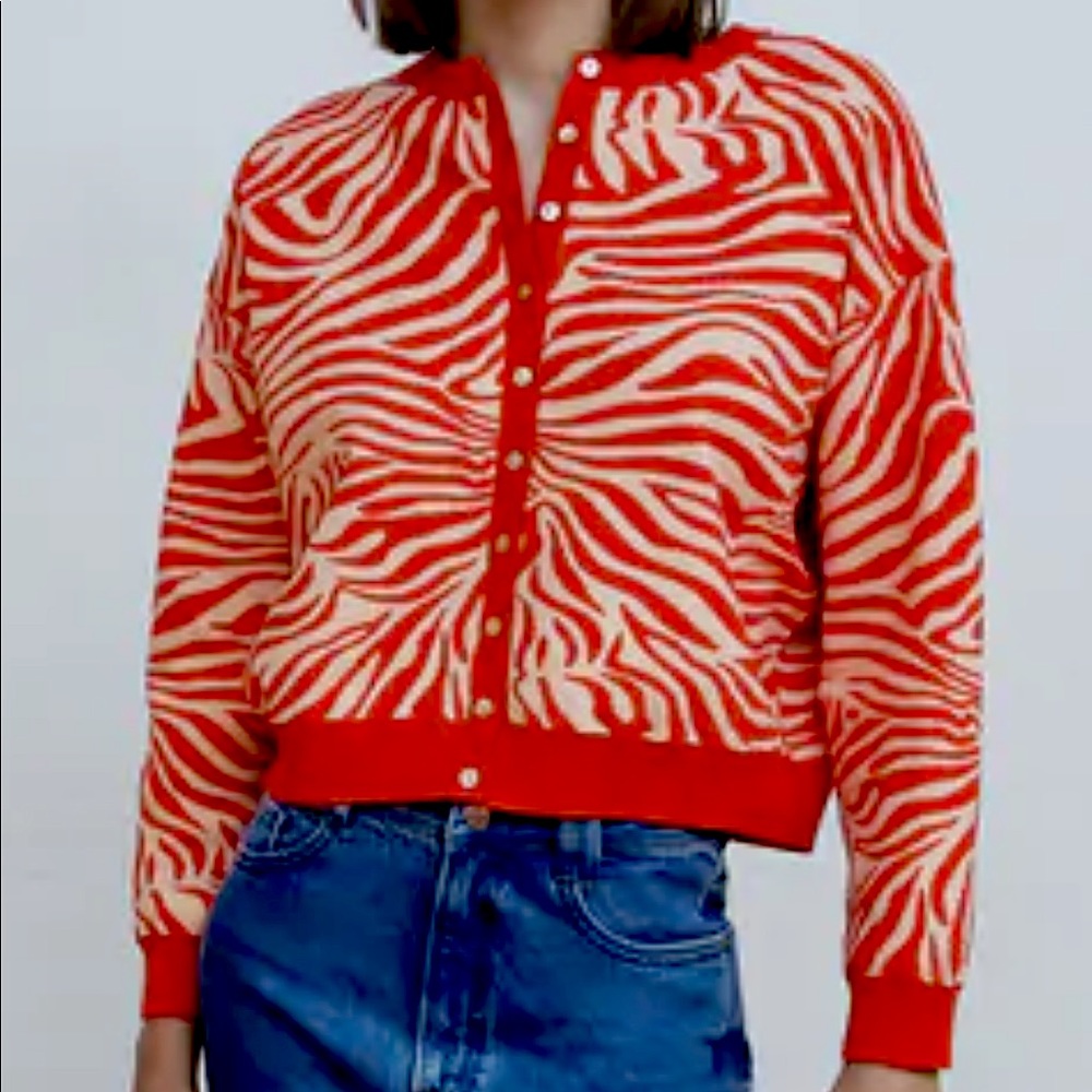 New! Zara Zebra Orange Sweater Jacket Size Small
